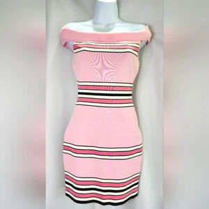 Super Down Womens Bodycon Dress Size M Pink Black Stripe Slinky Sexy‎ Preppy